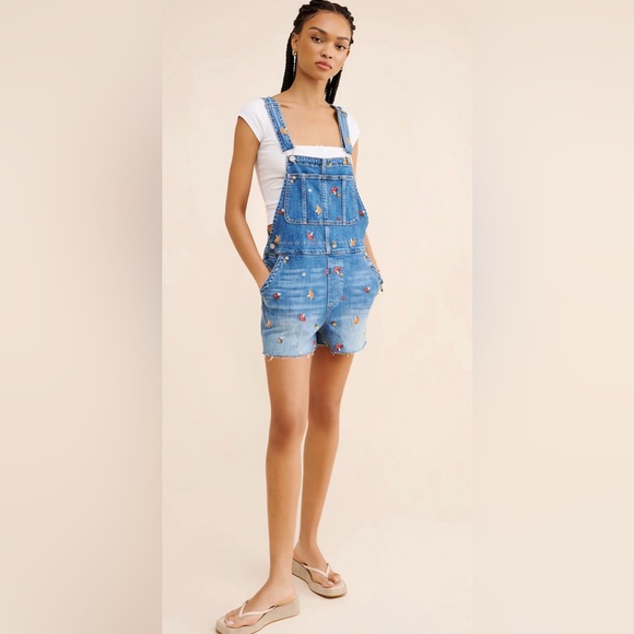 Anthropologie X Driftwood Mushroom Embroidered Denim Overalls - Picture 2 of 8